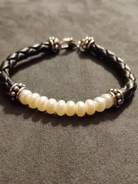Honora Sterling Silver And Pearl Braided Leather Bracelet